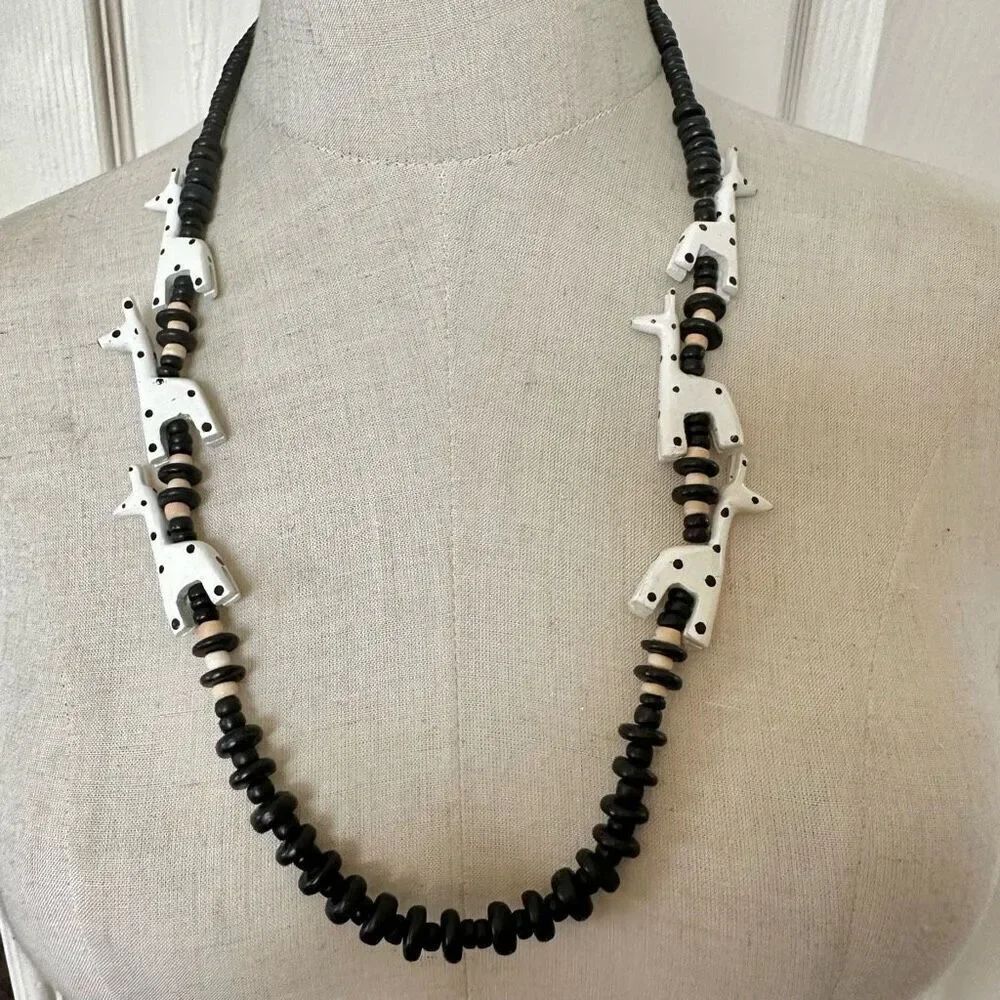 African wood black and white animal necklace